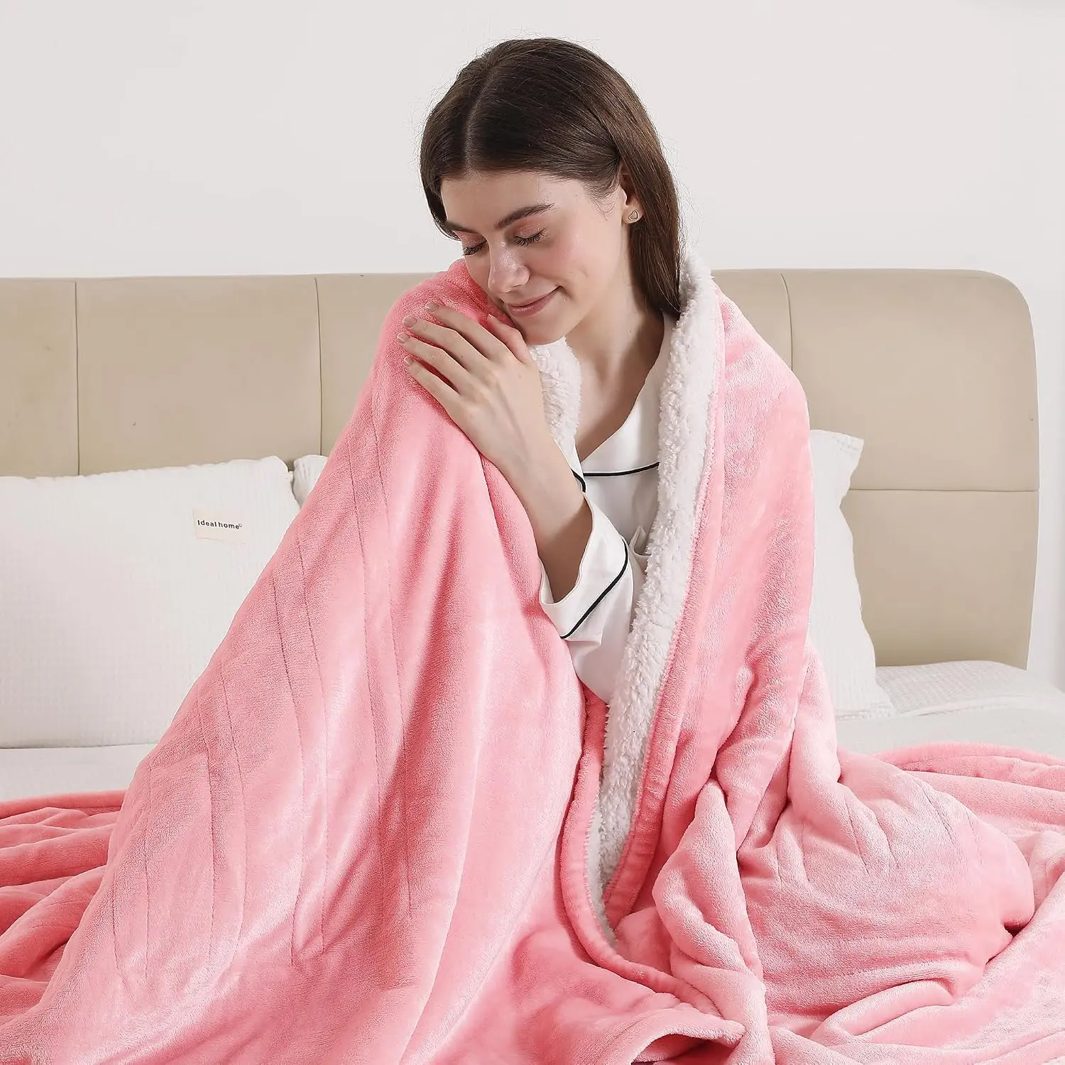 Heated Blanket Throw, Electric Throw Blanket Flannel and Sherpa | 50"x60" Electric Heated Blanket with ETL Certified for Office, 5 Heating Levels & 4 Hours Auto Off, Pale