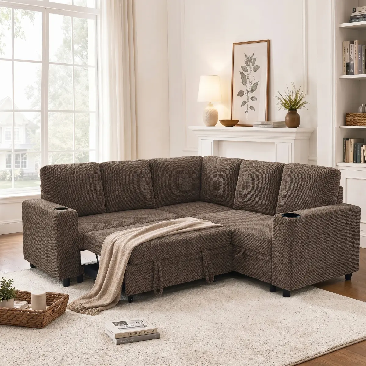 Aobtkel 76.5" L-Shaped Sectional Sofa Bed with Pull-Out Sleeper and Hidden Storage, Convertible Corner Couch with Cup Holders, Side Pockets and Plush Upholstery for Living Room, Apartment, Condo and Guest Room