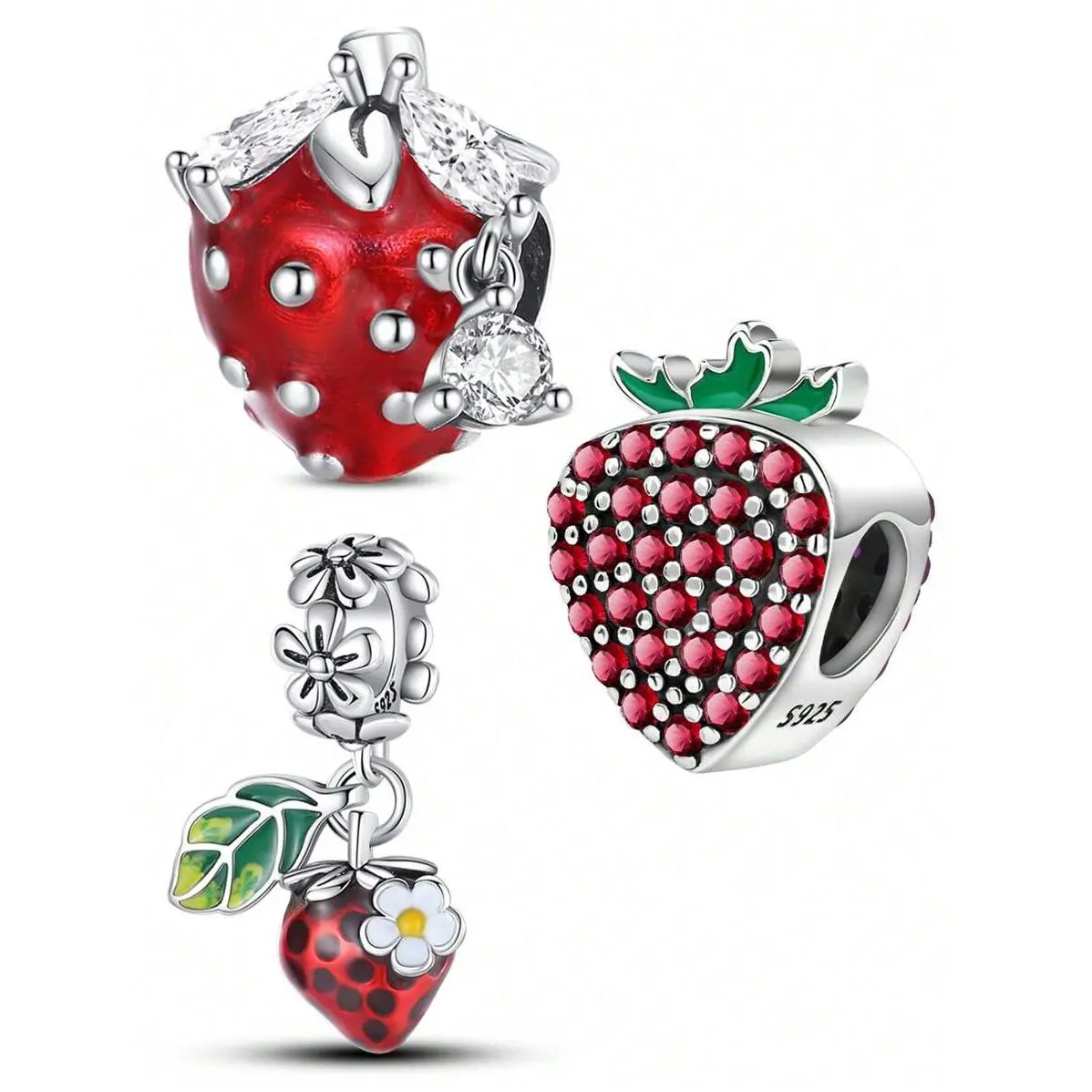 Silver-Plated Strawberry Fruit Series Red Bead Pendant, Suitable For DIY Bracelet Jewelry For Women