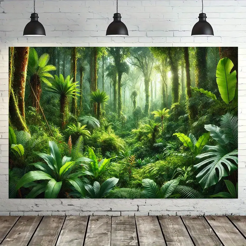 1PC 2D Flat Printed Tropical Rainforest Jungle Backdrop Banner, Colorful Polyester Background Cloth, Printed Sunlight Through Trees, Dense Greenery & Ferns Pattern, Reusable Multipurpose Decor for Home, Parties & Outdoor Celebrations, Photo Background Pro