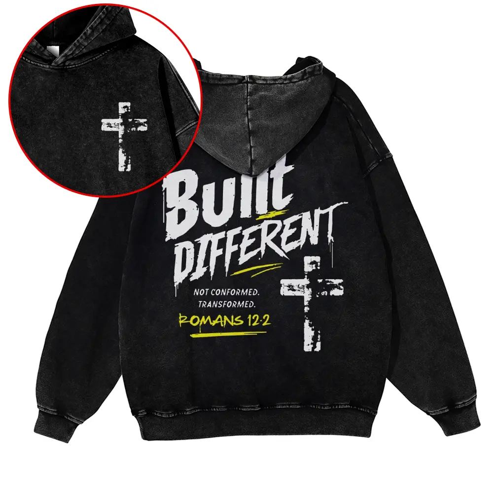 Oversized Vintage Washed Hoodie for Men Women Built Different Romans 12:2 Christian Cross Heavyweight Acid Wash Pullover Sweatshirt Streetwear