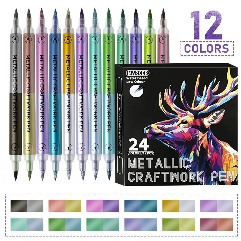 Dual-Ended Metal Art Marker Set, 24 Colors Flashing Markers, 12 Pieces, Ideal for Artistic Markers, Painting Supplies
