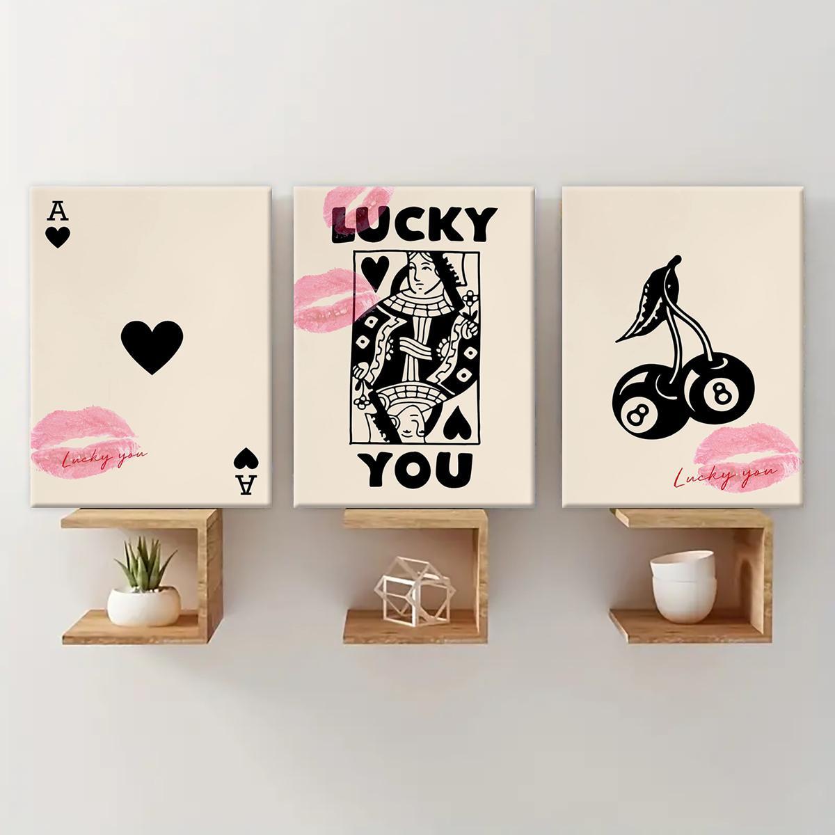 Wooden Framed Canvas Painting, 3 Counts/set Lucky Card Pattern Wall Art, Fashion Art Wall Decor, Modern Art Design, Home Decoration Poster for Living Room, Bedroom