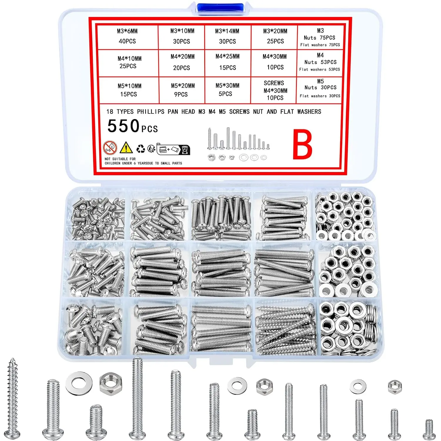 380 count Screws  and Nuts  Kit, Metric Machine Screws and Nuts and Flat Washers, M3/M4/M5 Slotted Pan  Hex  Sets (E)