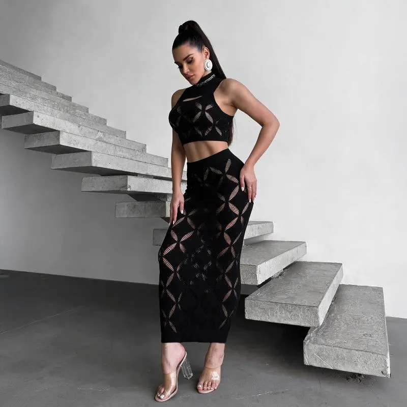 Women's Stylish 2 Piece Sets - Thick-Knit Hollow Turtleneck Top and Wrap-Hem Mini Skirt, Going Out Outfit, Lady, Knitted Fashion Set, Fashion Apparel