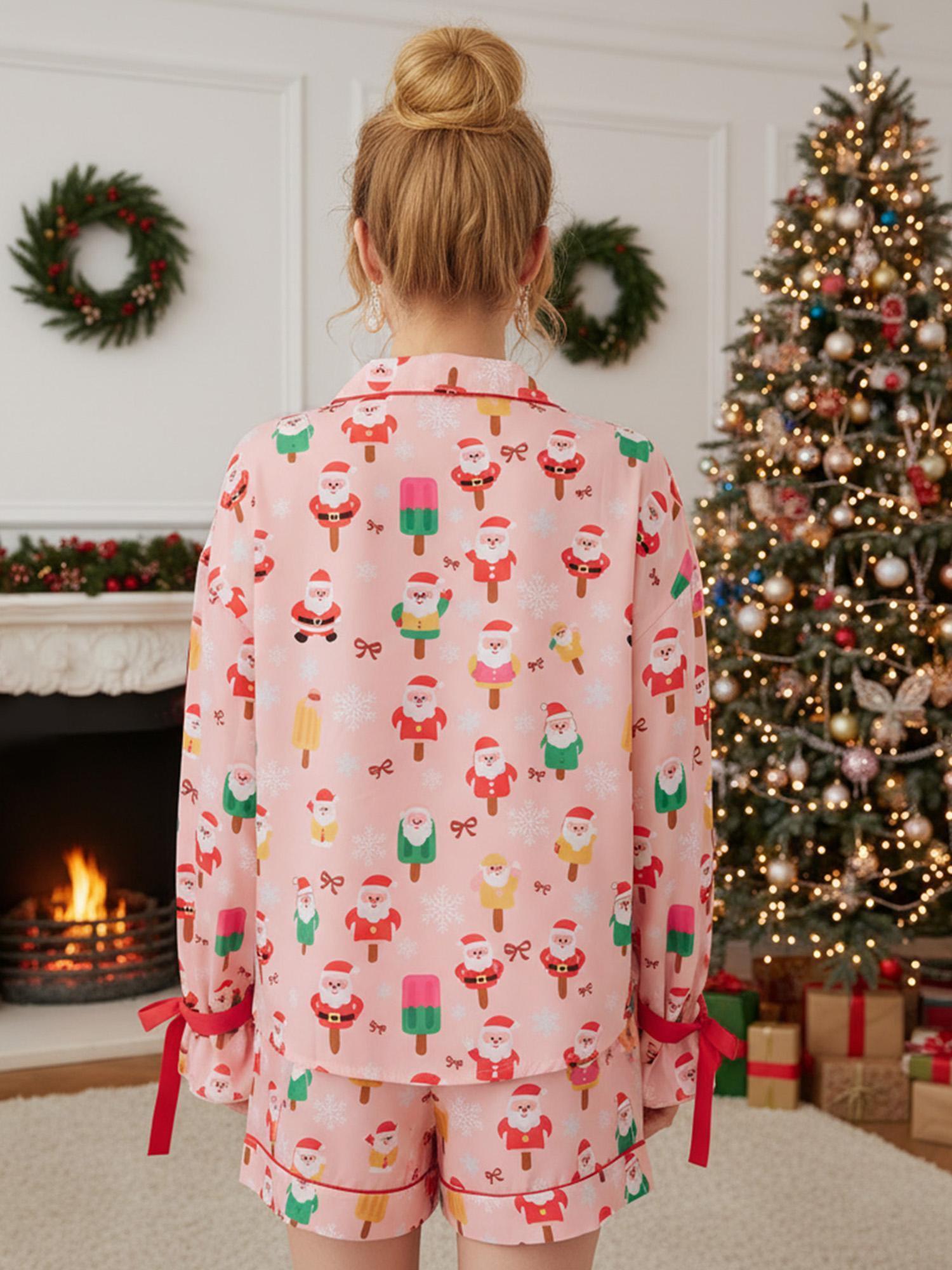 Women Fashion Christmas Pajama Sets Santa Print Tie-up Long Sleeve Button-up Shirts Tops and Elastic Waist Shorts Xmas Sleepwear
