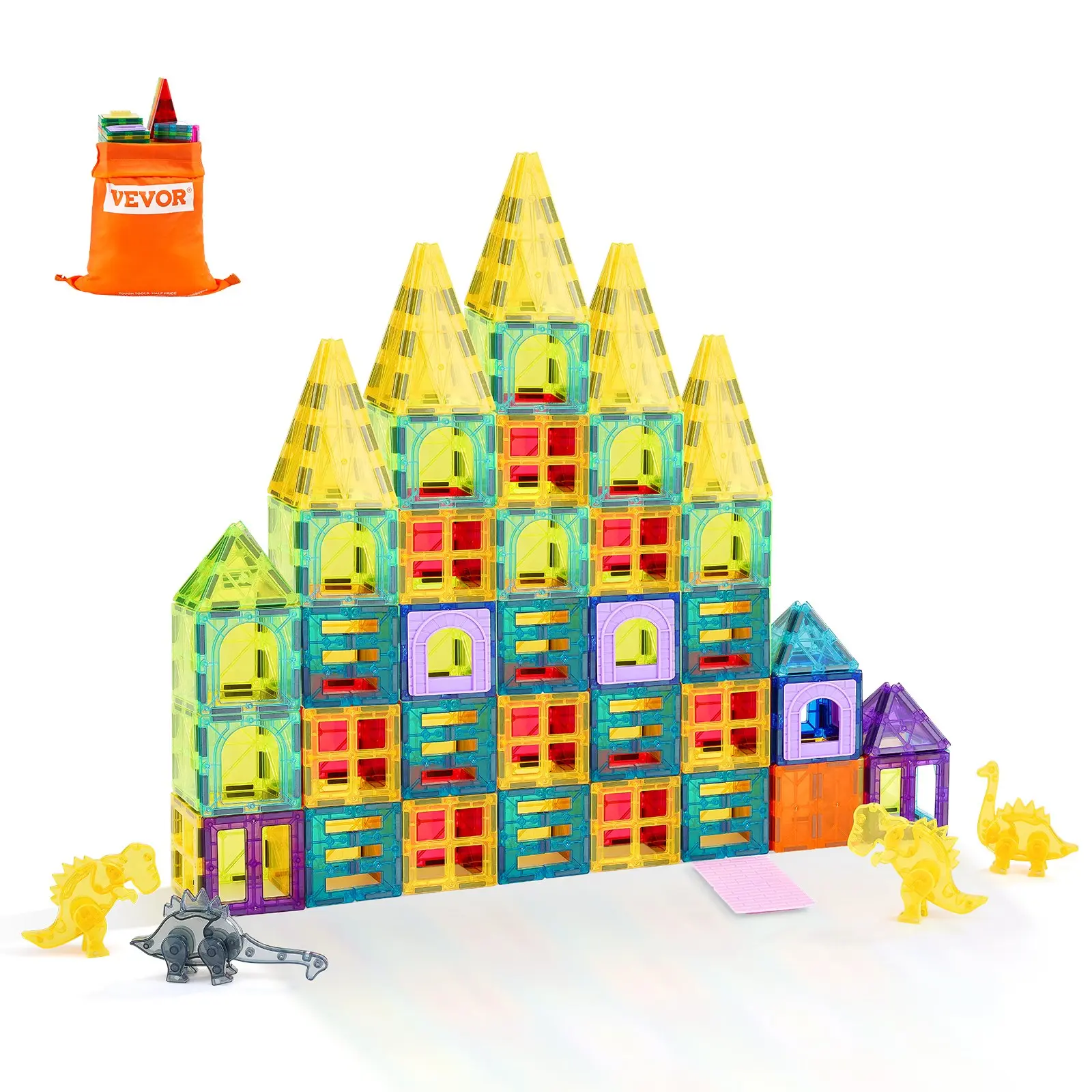 VEVOR Plastic Magnetic Tiles Building Set, 56 PCS BPA-Free Bricks & Parts with 4 Dinosaurs, Animals & Nature STEM Sensory Educational Toys Gift for 3-4 Years Old Toddlers