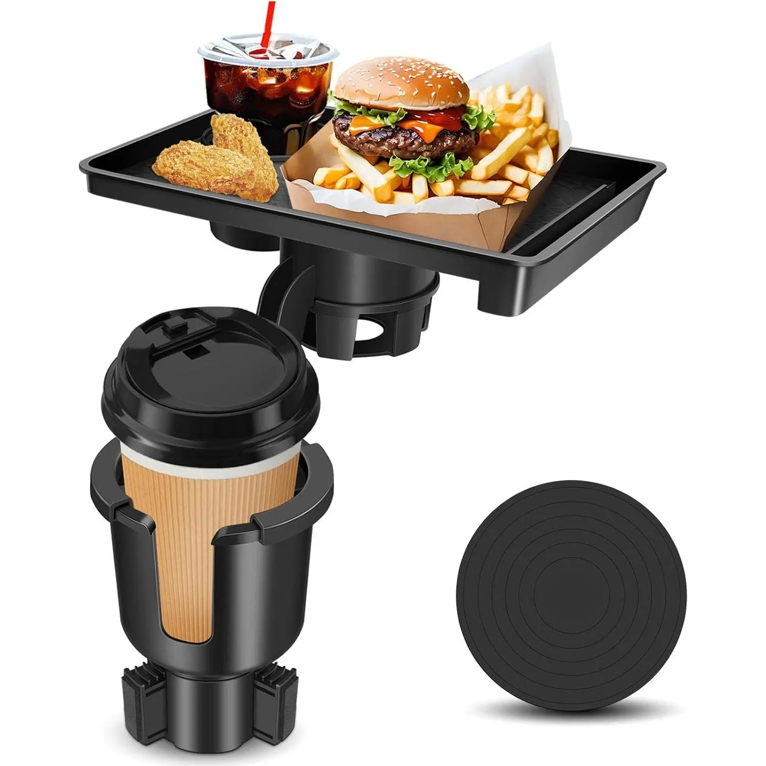 Cup Holder Tray, Cup Holder Expander, 2 in 1 Detachable   Tray with 360°Rotation Tray for Eating, Storage and Travel Road Essentials, Black