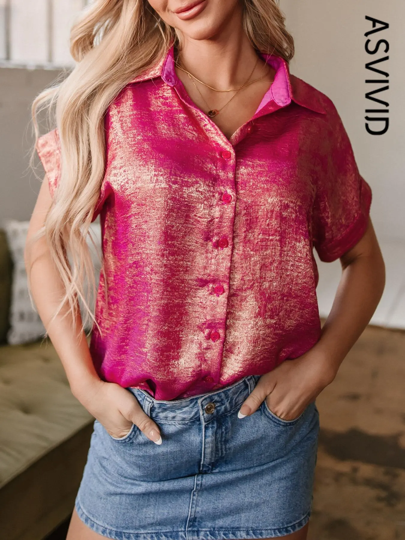 Women's Casual Metallic Sheen Short Sleeve Buttoned Front Lapel Shirt for Summer