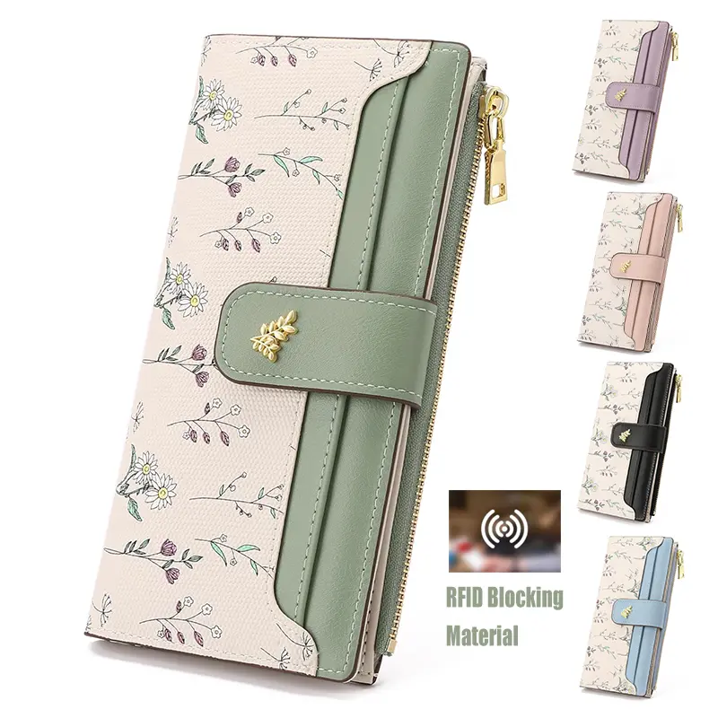Womens Wallet Slim Thin RFID Blocking Floral Vegan PU Leather Card Holder Bifold Long Ladies Wallet with Zipper Pocket