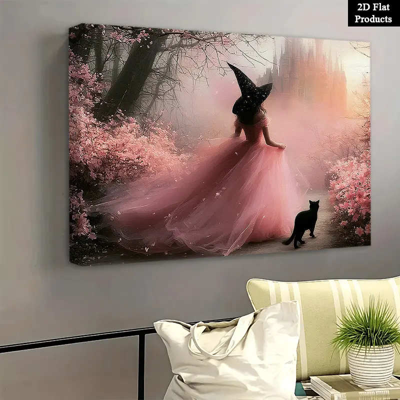 2D Flat, Two-Dimensional Magic Pink Witch and Black Cat Framed Canvas Painting - Poster suitable for football season, Halloween gift, framed picture for living room and bathroom decoration - Magical room decoration [Christmas Halloween]