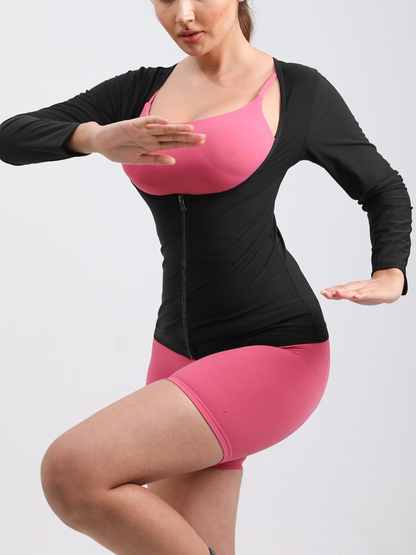 Women's Solid Long Sleeve Zip Up Sauna Top, Open Bust Tummy Control Sports Shapewear Top, Workout Gym Exercise Clothing, Women's Workout Clothes