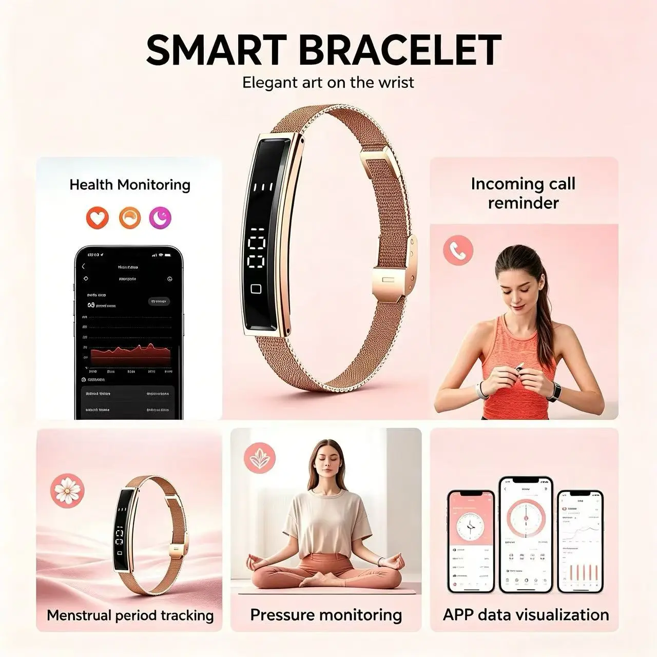 Smart Fitness Band Heart Rate Blood Oxygen Pressure Monitor, Women's Menstrual Cycle Tracker, Waterproof Bluetooth-compatible 5.3, Android iOS Compatible
