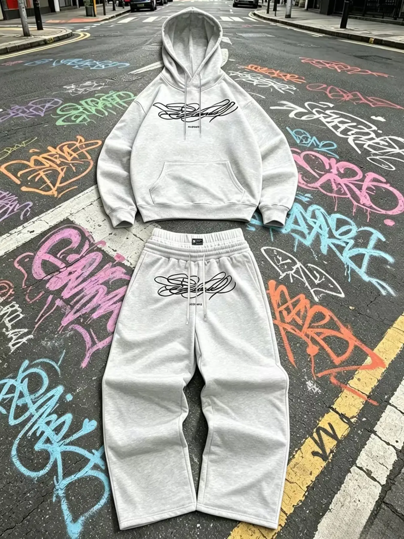 Streetwear Graffiti Style Set, Base with Artistic Handwritten Print, Casual Fall&winter Sweatshirt, Easy American Street Fashion