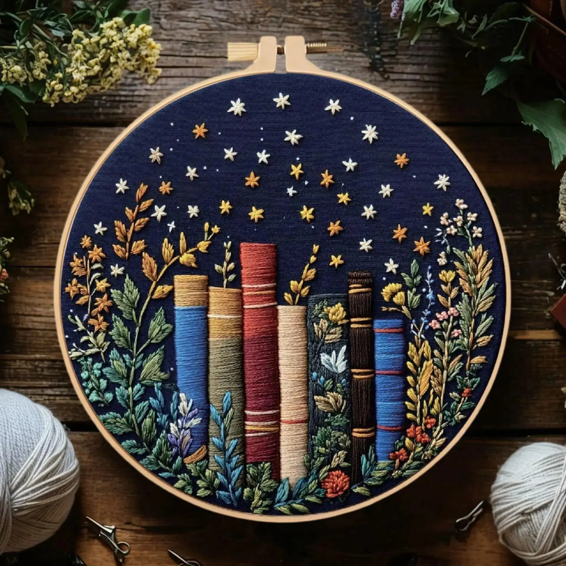 Starry Book Stack Sewn Embroidery Kit - 1 Kit Cotton Blend Embroidery Design Set, Fabric DIY Needlework Handicraft with English Guide, Handmade Home Decor Gift for Crafting Enthusiasts
