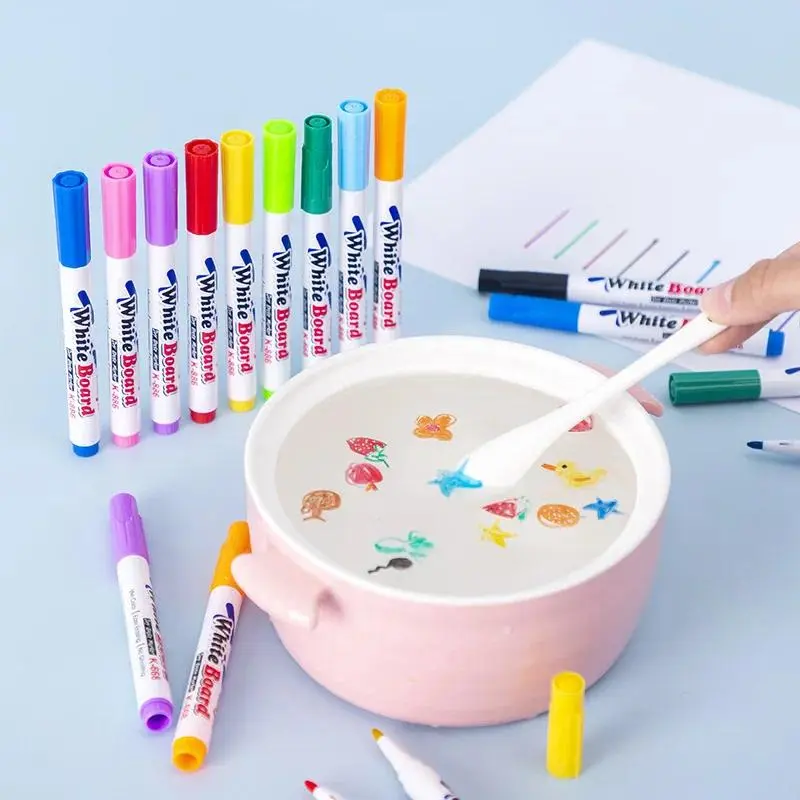 Water Floating Magical Ink Pens Set with Spoon, Safe Materials, Floating Color Water Painting & Chalk Art Graffiti Tools, Kids' Stress Relief Classic Novelty Kit with Toy Box & Food Squishies Fidget Items