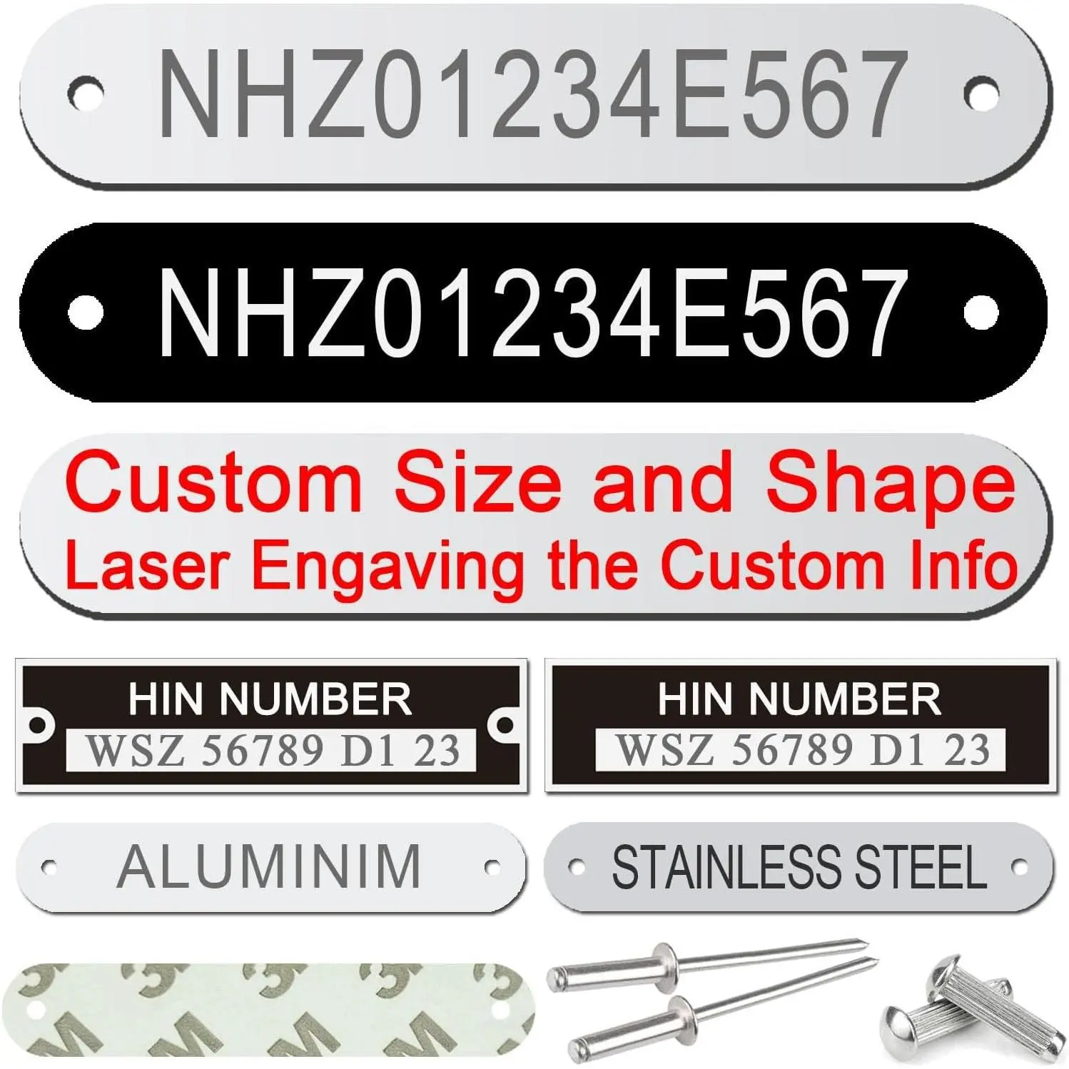 Custom HIN Number Plate, Engraved Aluminum ID Plate, Serial Number, Metal Identification Tag, Industrial Nameplate, Equipment Label for Boats Machinery Tools, Personalized Number Plate Asset Tag