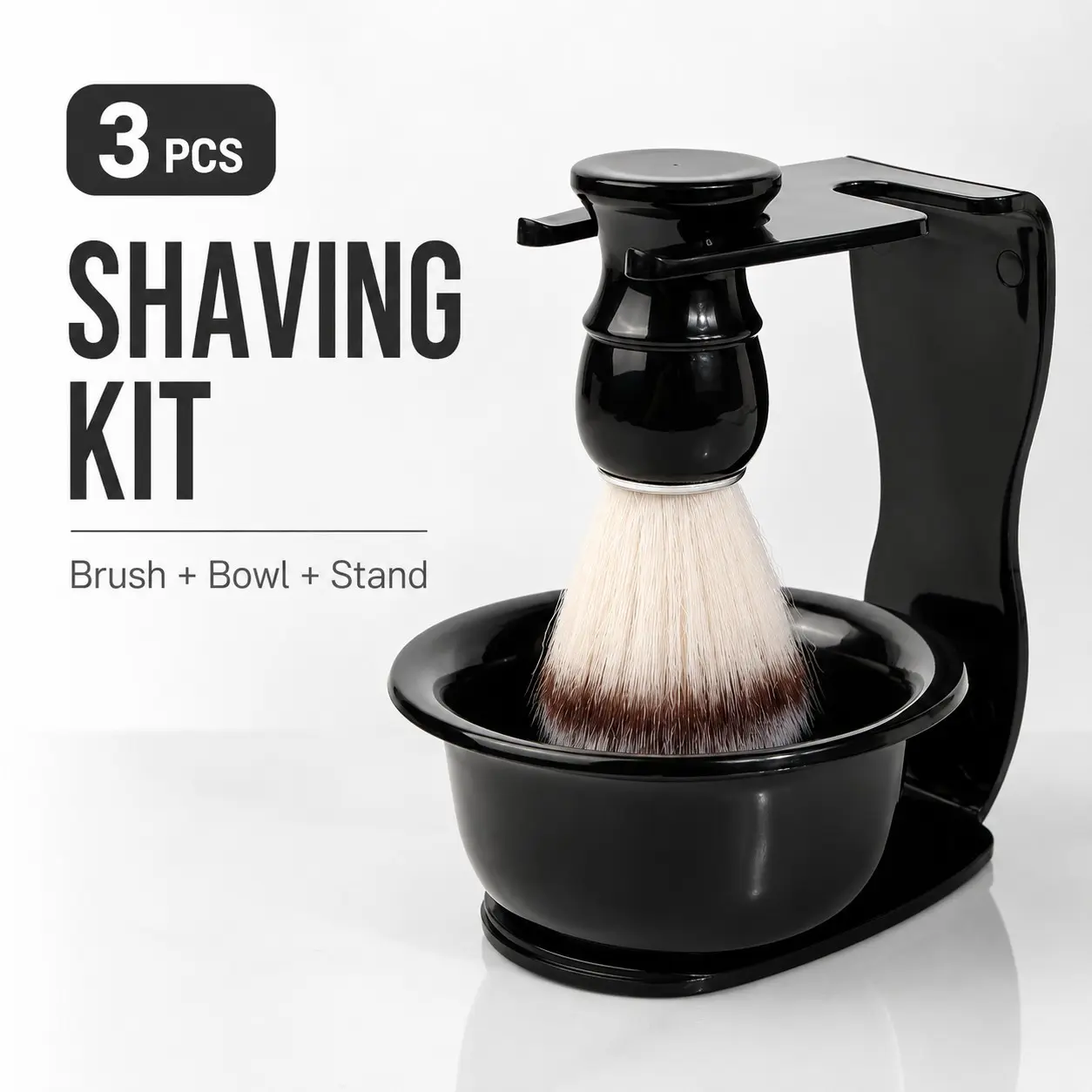 Men’s 3-Piece Wet Shaving Kit with Soft Synthetic Bristle Brush, Lather Bowl and Storage Stand, Beard Grooming Set for Rich Foam, Home and Barbershop Use