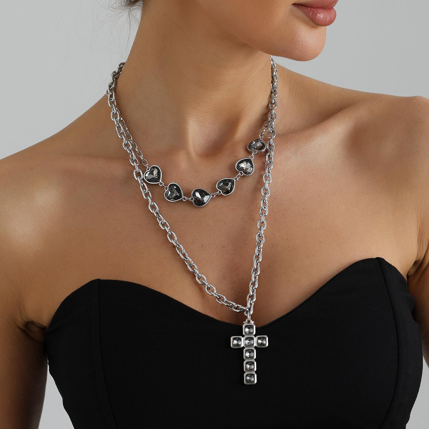 Layered Cross Necklaces for Women Silver Chunky Chain Black Heart Choker Pendant Punk Party Concert Everyday Streetwear Trendy Jewelry Gifts