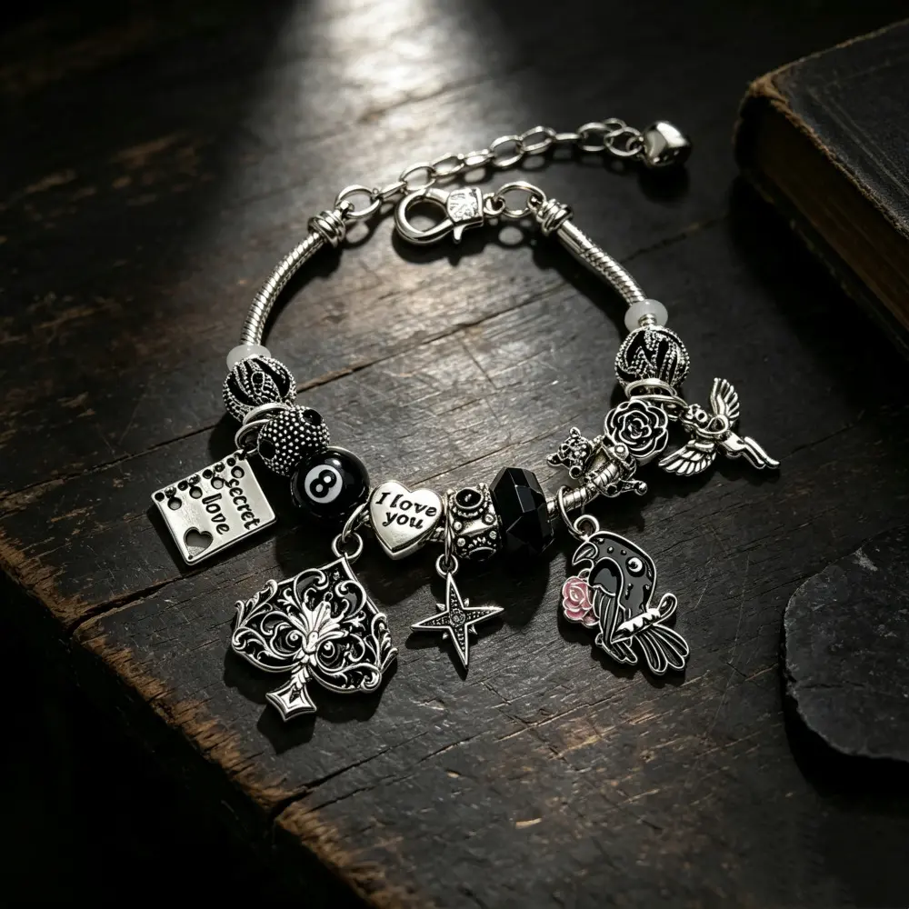 "Dark Raven" Spade Motif Pendant Charm Bracelet - Euro-American Hip-Hop Look, Casual Daily Female Wear Costume Jewelry Accessory
