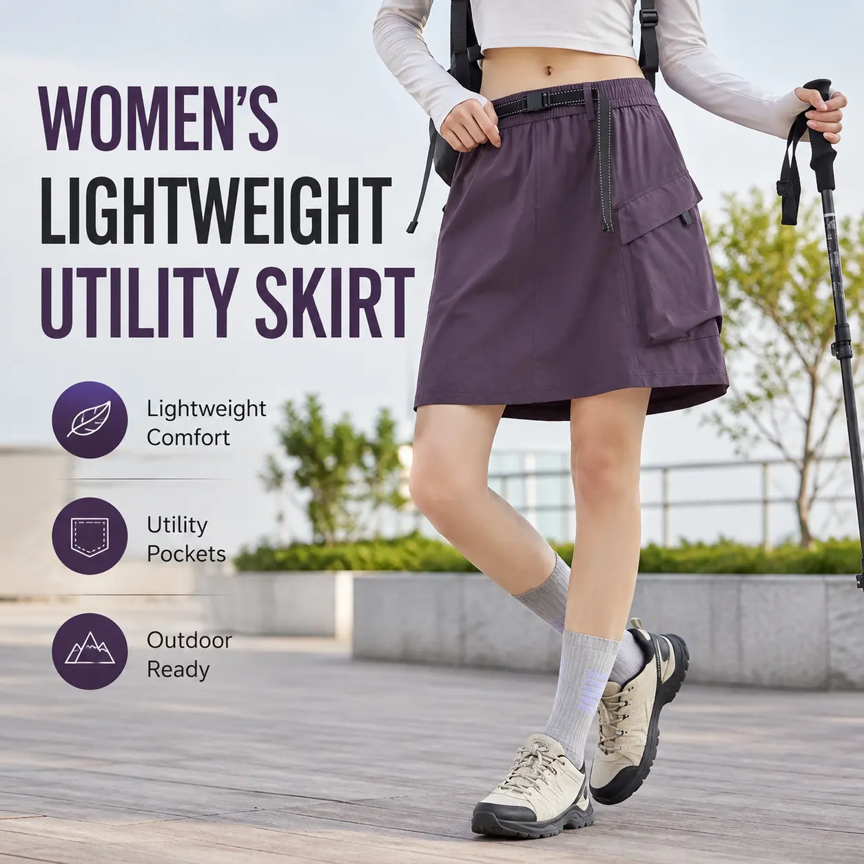 Women’s Lightweight Utility Skort, 90% Nylon 10% Spandex Stretch Outdoor Skirt Shorts with Pockets for Hiking, Travel & Casual Wear, Women’s Outdoor Skort, Hiking Skort