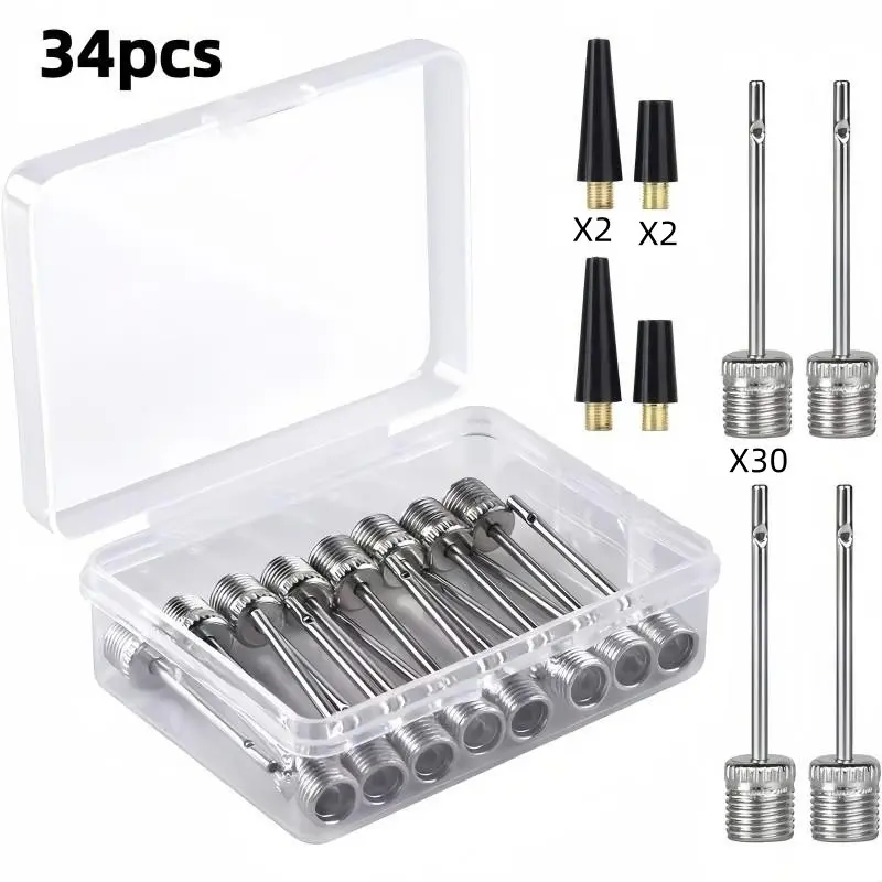 34-Piece Stainless Steel Durable Premium Quality Air Pump Needles Complete Set, Includes 4 Nozzles, Ideal for Sports Balls, Swim Rings, Balloons, Versatile Use, Portable Storage Box Included