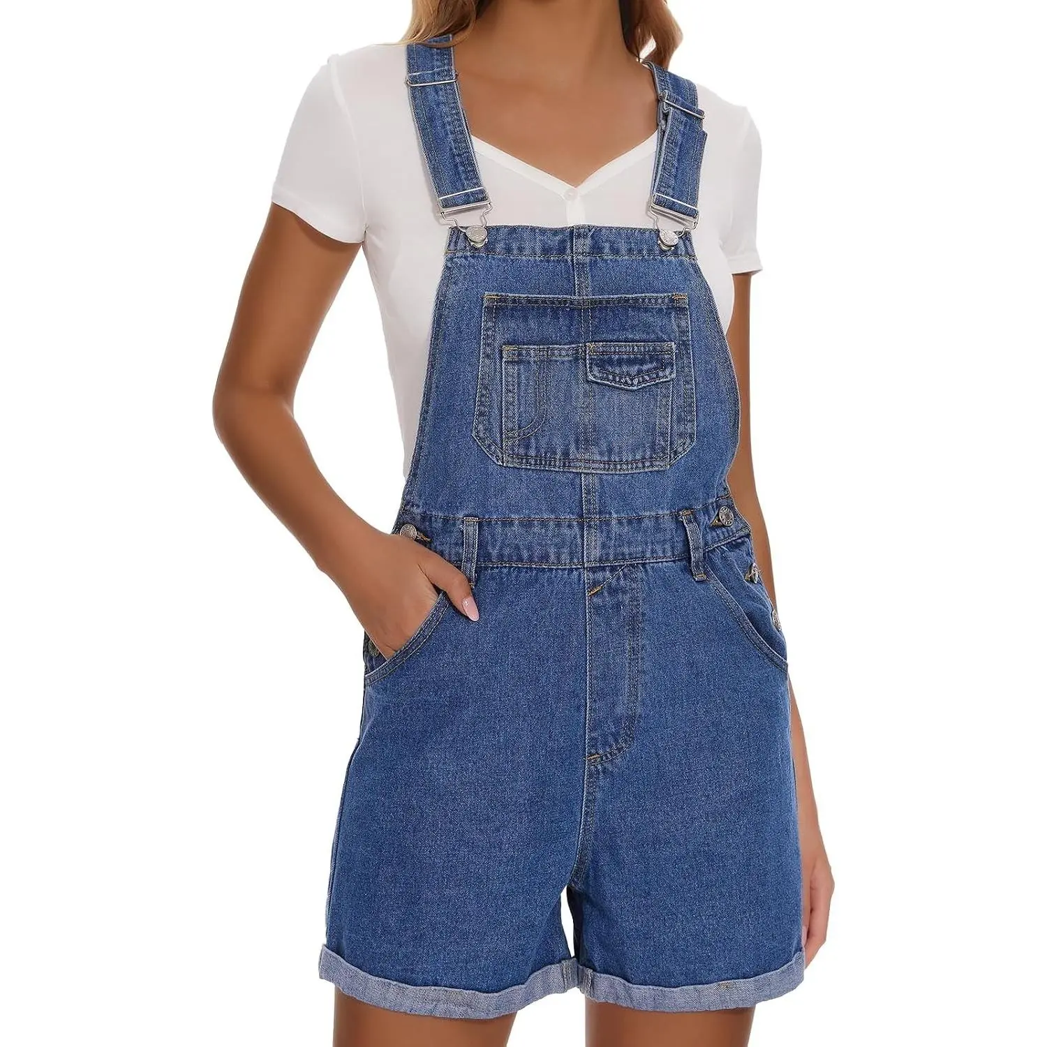 Women's Denim Shortalls Casual Adjustable Straps High Waist Bib Jeans Overalls Shorts Romper with Pockets