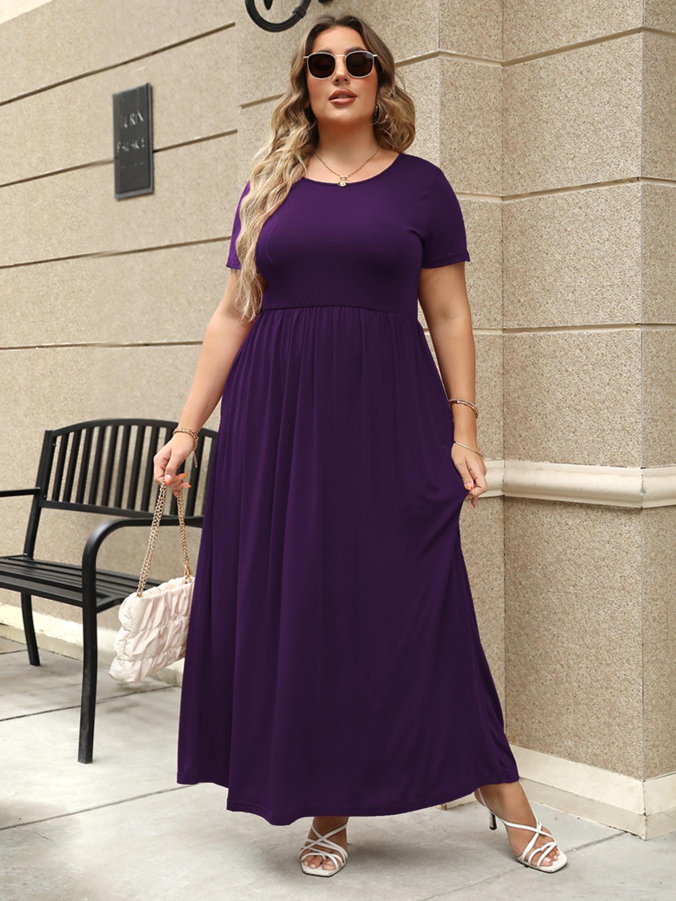 Women's Round Neck Stretchy Casual Long Plus Size Dress, Perfect for Bridesmaids, Vintage Style Wedding & Party Wear, Comfortable Fabric