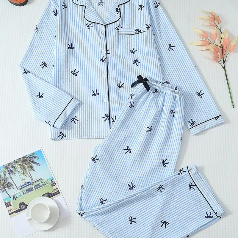 Women's Striped Bow Print Long Sleeve Pajama Set, Sweet Cute Button Front Top and Pants, Casual Home Wear for All Seasons