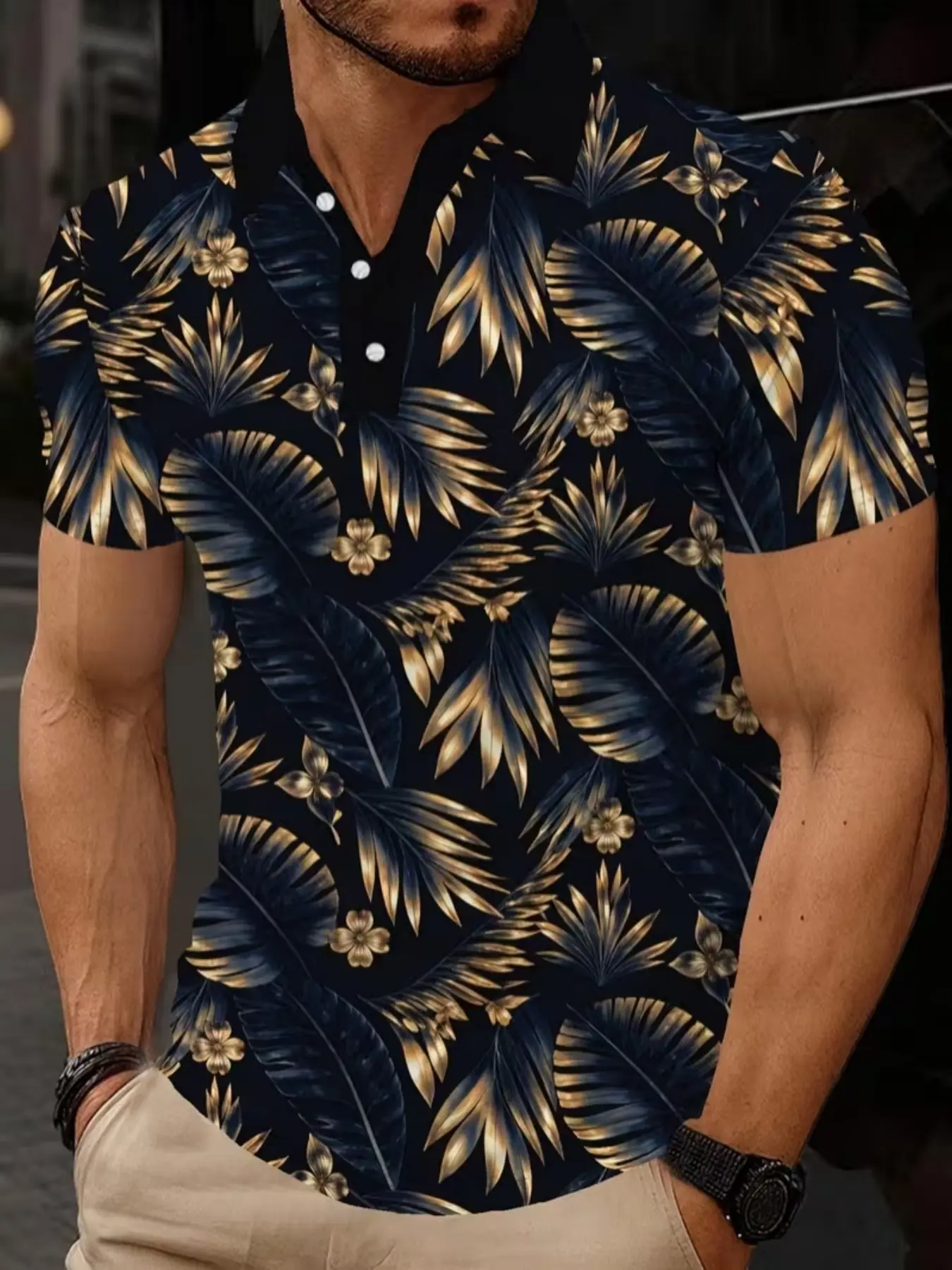 Vintage Gold Palm Leaf Print Men's Polo Shirt, Summer Trendy Breathable Beach Casual Short Sleeve T-Shirt, Fitted Geometric Design, Breathable Polo Shirts