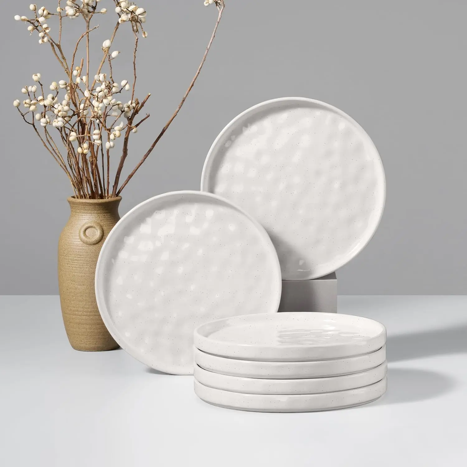 Stoneware Plates Set of 6, 7.9" Salad Plates, Reactive   Ceramic Dish Set for Appetizer, Dessert, Scratch Resistant, Small Dinner Plate, Microwave and Dishwasher Safe, Speckled White