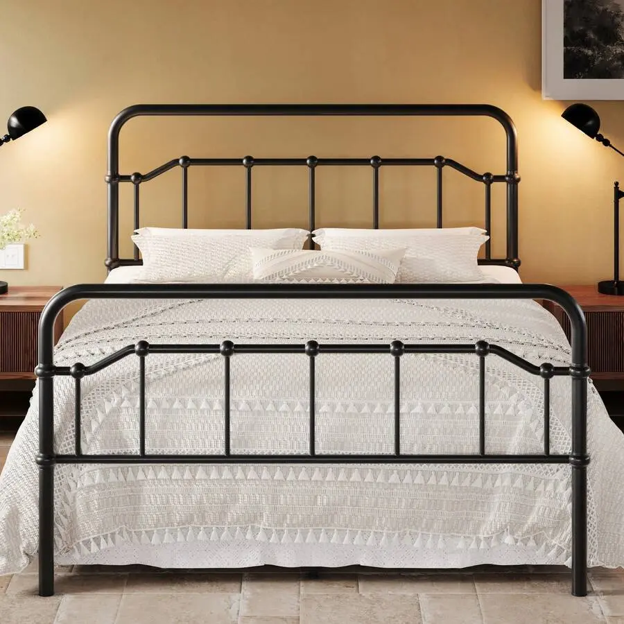 Twin/Full/Queen/Size Metal Bed Frame, Vintage Style Easy Snap-Assembly, 12.4" Underbed Storage, Curved Safety Edges, Non-Mattress Foundation, Sturdy Platform Bed Frame, Black
