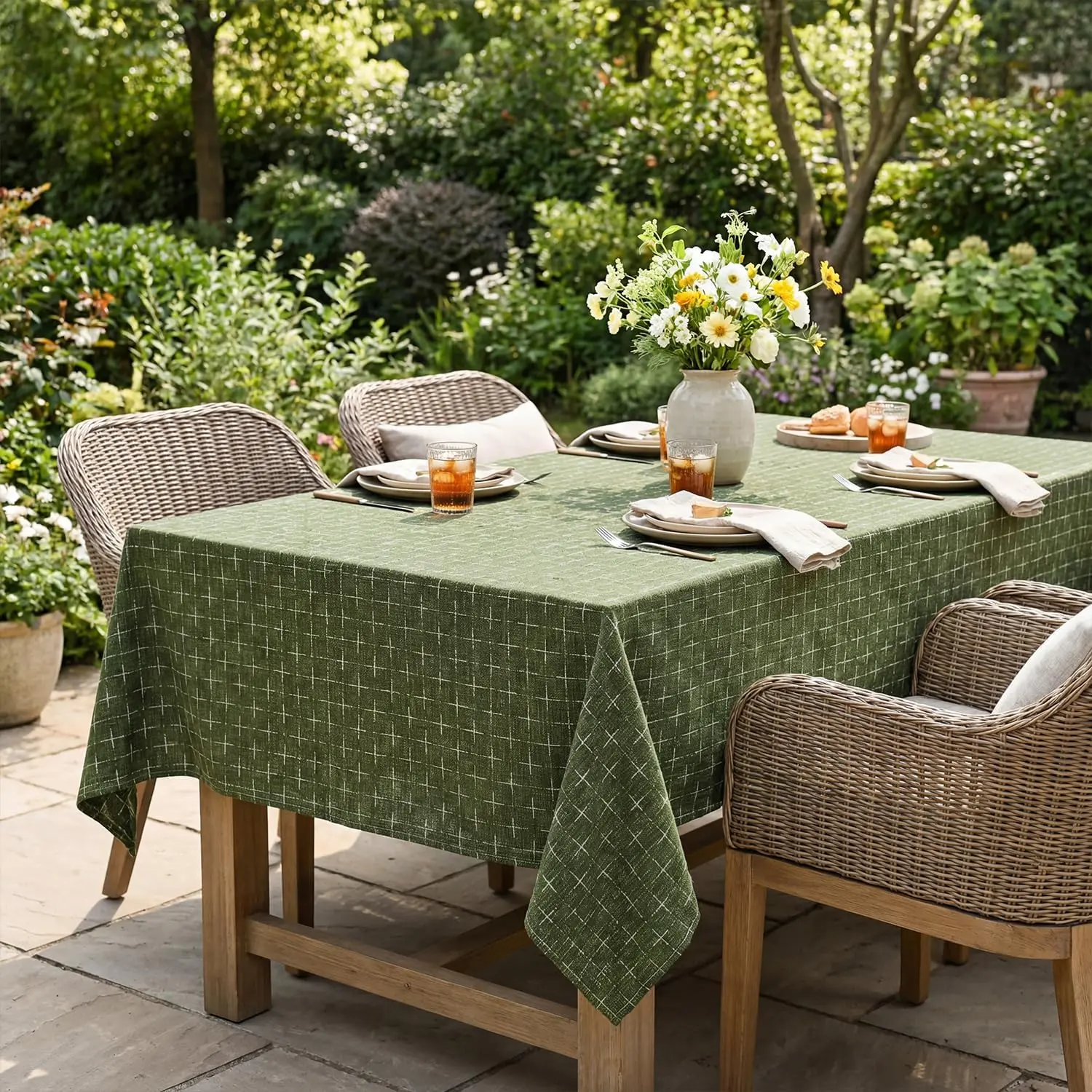 Horaldaily Olive Green Rectangular Table Cloth, Cross-Star Solid Textured Embroidery Tablecloth, Wrinkle Free Washable 60*84 Inch Table Cover for Kitchen, Party, Wedding, Picnic, Outdoor