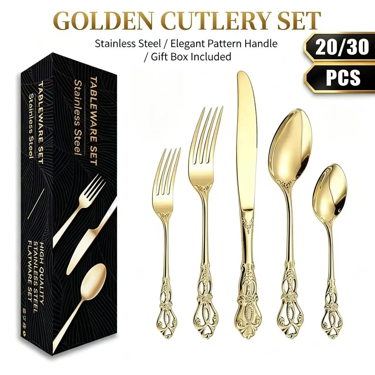 Luxury Stainless Steel Western Cutlery Set, 20/30 Pieces, Knife Fork Spoon Gift Box, Home Party Full Set, Elegant Dining Essentials