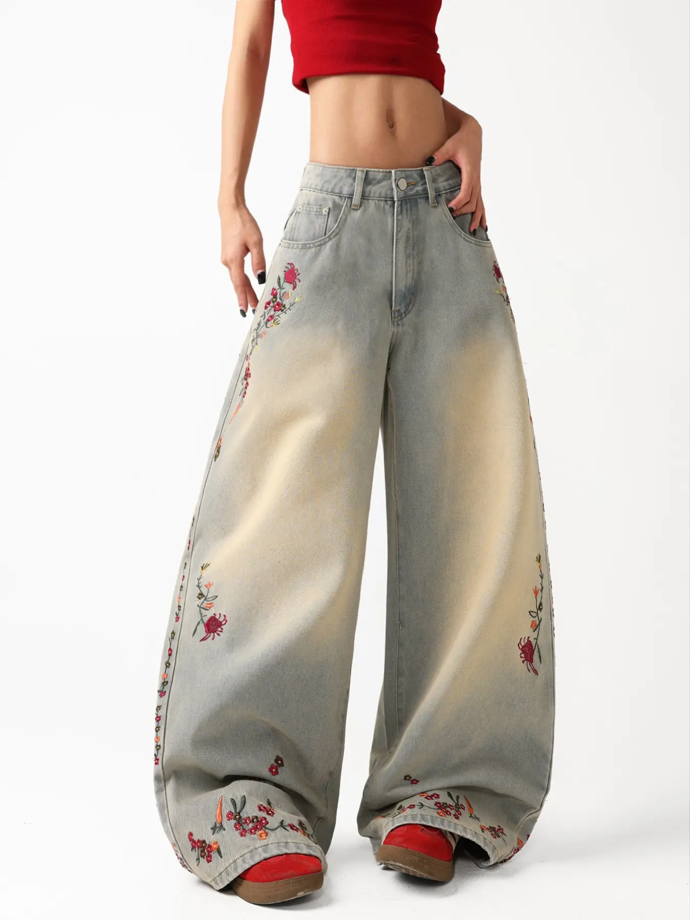 Women's Floral Embroidered Jeans, Light Blue Washed High Waist Loose Fit Wide Leg Pants, Four-Season Long Trousers, No Belt Included