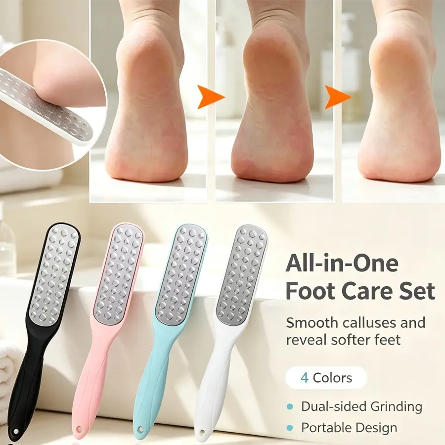 4pcs，Professional all-in-one foot care tool you can’t miss! Dual function foot rasp slough off dry rough skin easily, lightweight portable design for salon-level silky soft heels daily