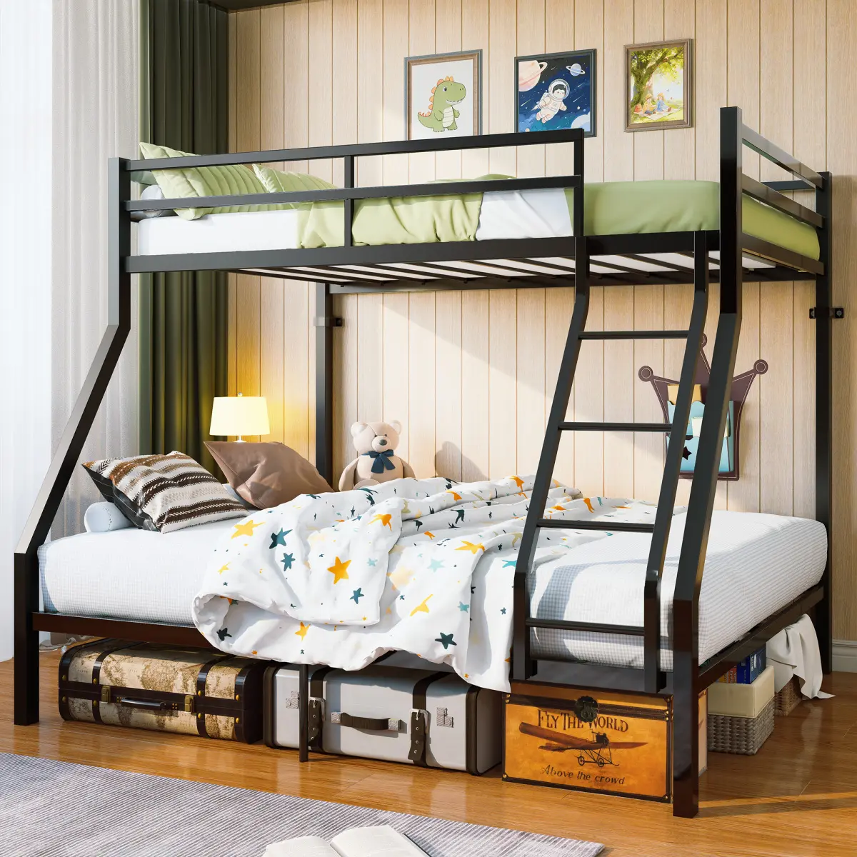 [Bellemave]Twin Over Full Bunk Bed with Metal Slat Support, Built-In Angled Ladder, Upper Guardrails and Underbed Storage Space, Reinforced Metal Frame for Shared Bedrooms and Guest Rooms, Black