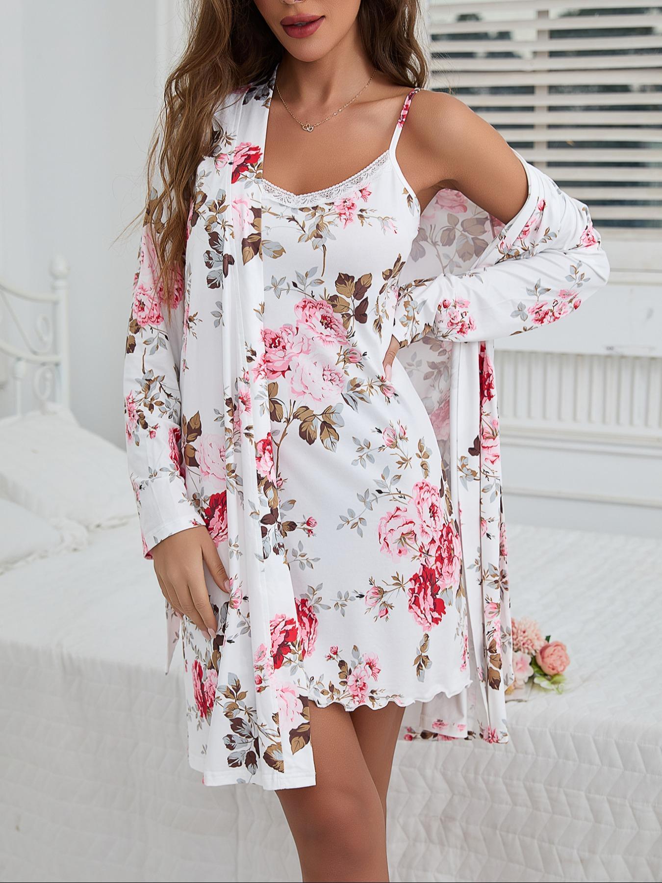 Women's Floral Print Belted  Robe & Cami Nightdress Two-piece Set, Casual Comfy Loungewear Set for Women, Ladies Sleepwear for All Seasons