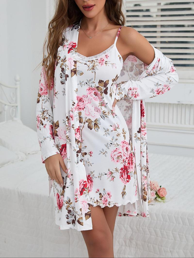 Women's Floral Print Belted  Robe & Cami Nightdress Two-piece Set, Casual Comfy Loungewear Set for Women, Ladies Sleepwear for All Seasons