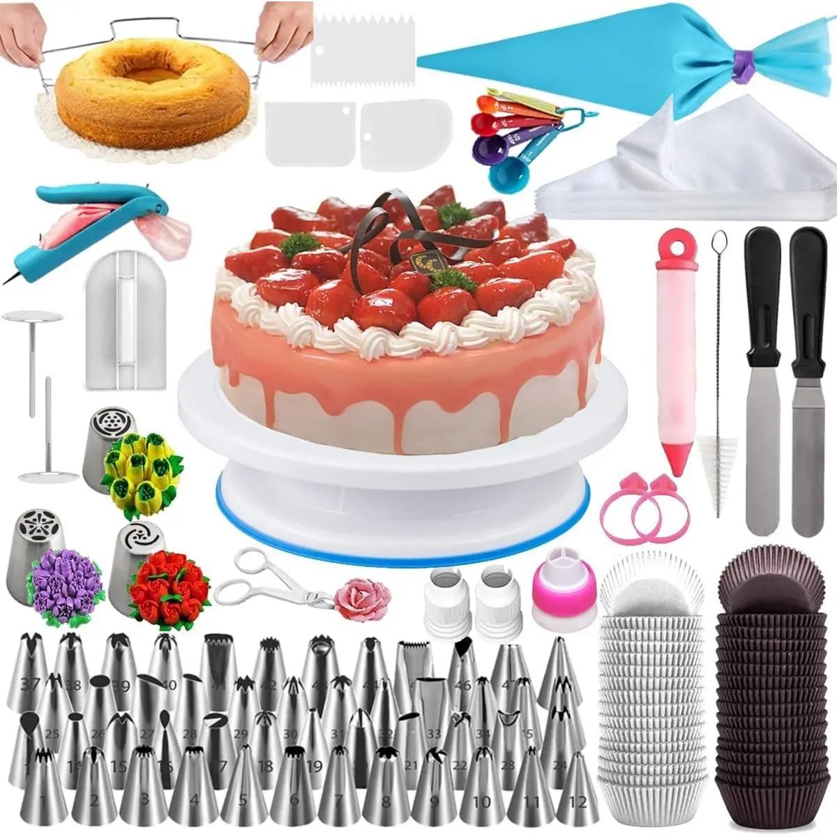 206 PCS Cake Decorating Supplies Baking Kit for Beginners & Cake Lovers, Includes Rotating Cake Turntable, Russian Piping Tips, Complete Cake Baking Tools