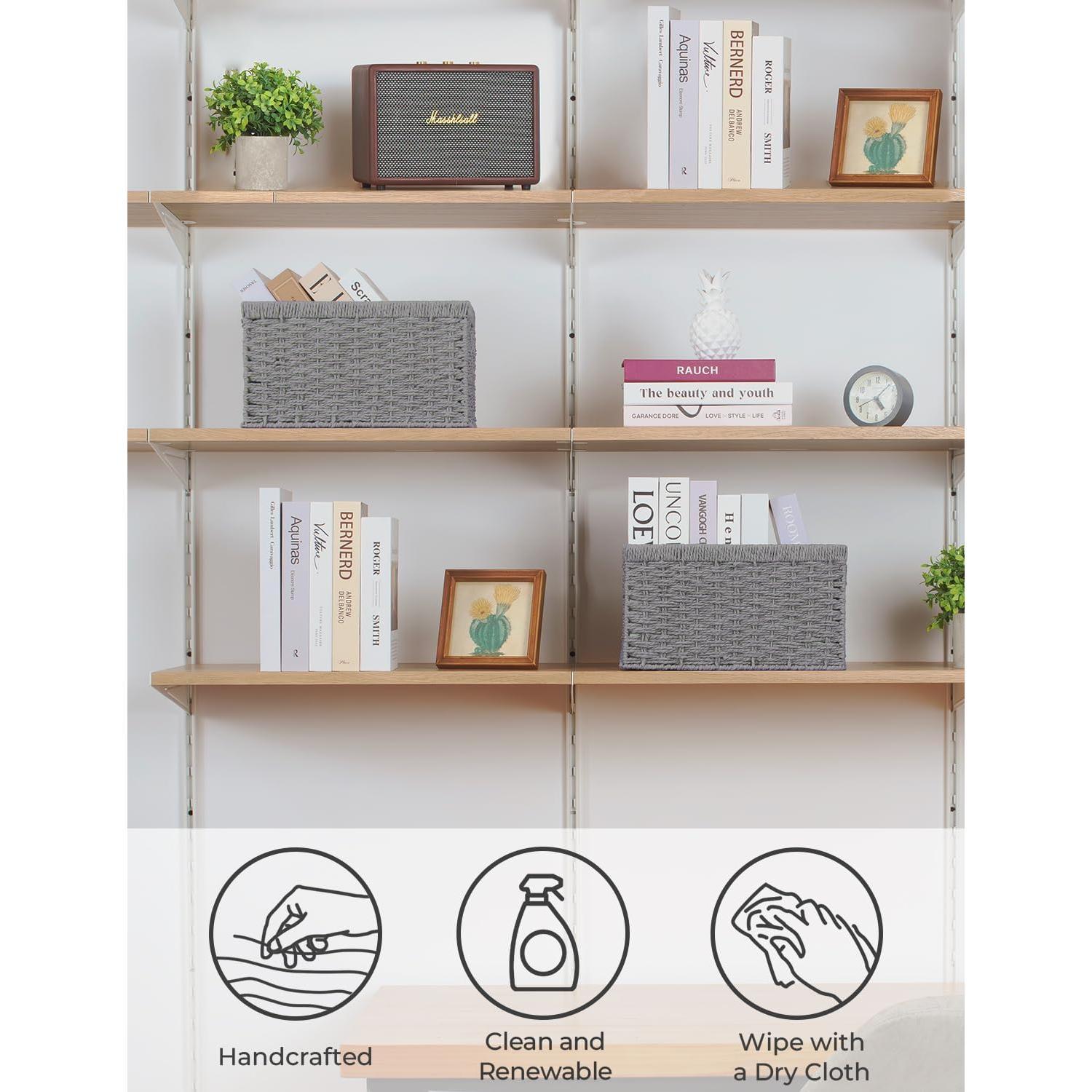 Round Paper Rope Storage Baskets, Rectangular Wicker Baskets with Built-in Handles, Gray, 2-Pack