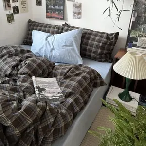 Plaid Duvet Cover Set Queen Size,Brown Blue Gingham Patterned Bedding Set for Girls Boys,Modern Soft Breathable Microfiber Comforter Cover 3 Pieces with Zipper Closure and 2 Pillow Shams