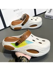 Men's Summer Thick Sole Colorblock Holey Shoes, Breathable Hollow Out Flip Flops, Anti-Slip Soft Bottom Outdoor Beach Sandals