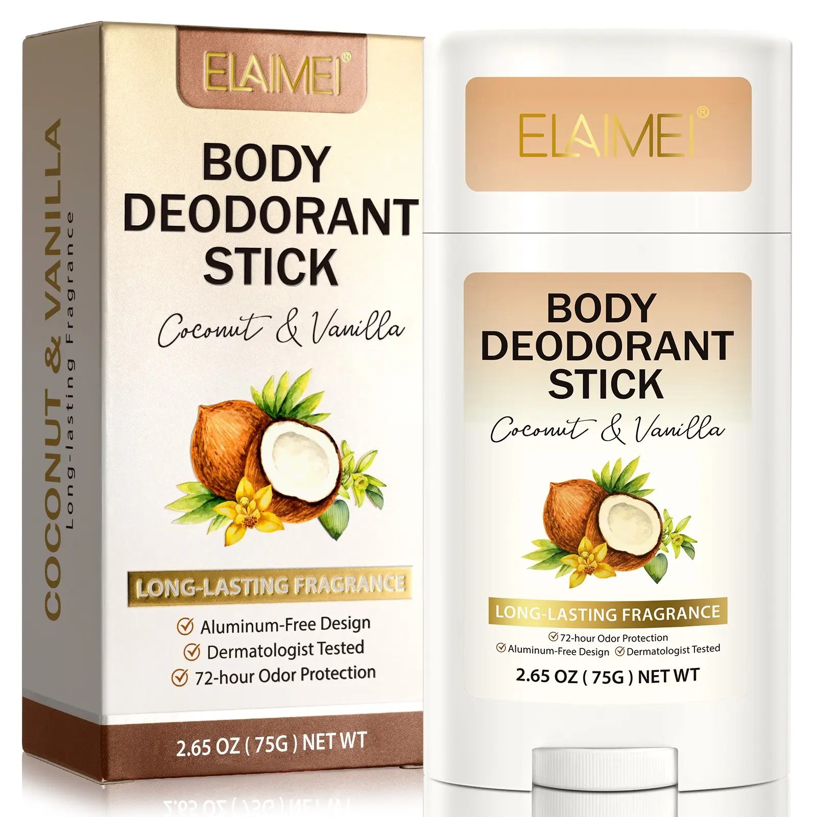 Elaimei Deodorant Paste 75g, Coconut Vanilla Scent, Daily Application for All Day Freshness, Sweat Absorbing Cream, Antiperspirant