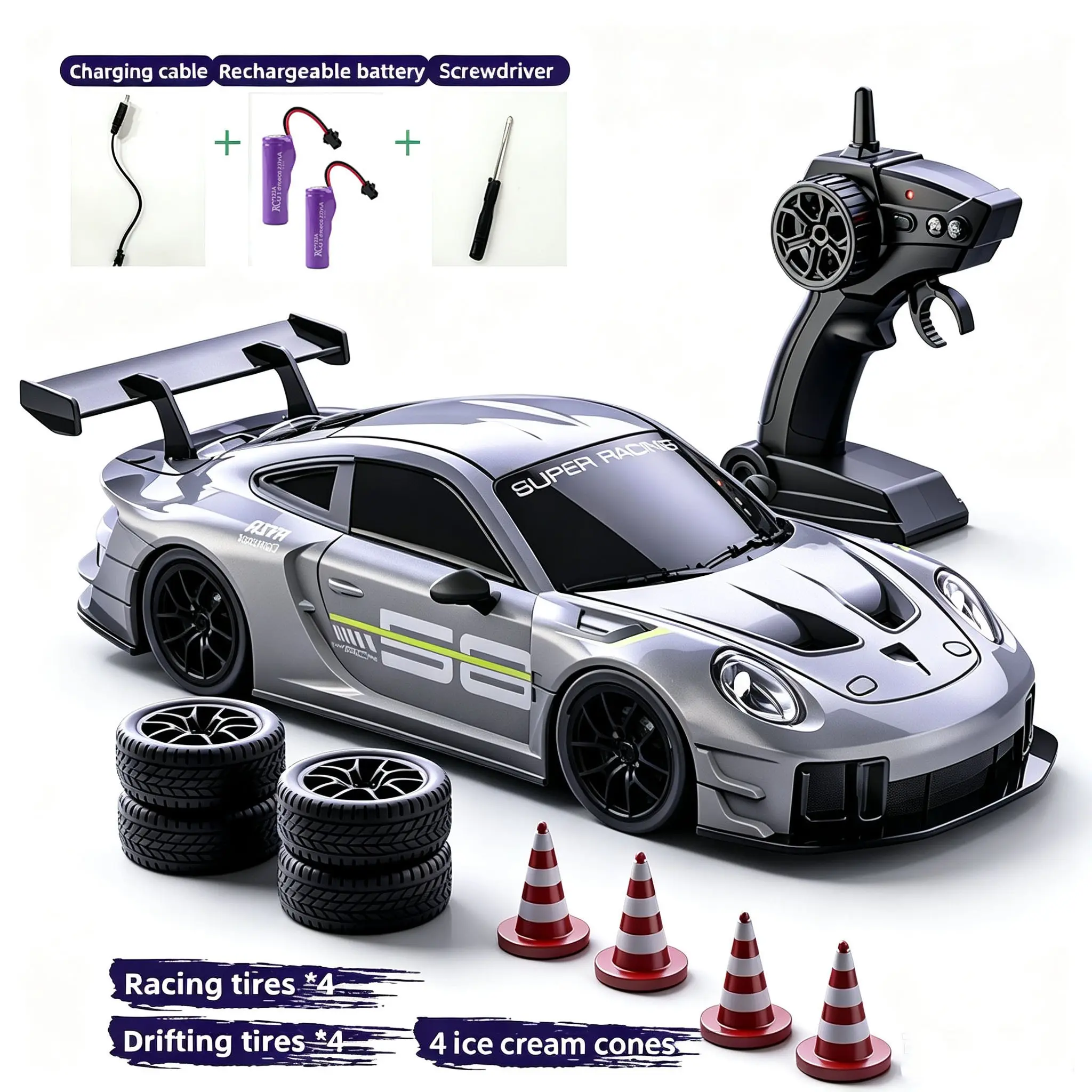 High-Speed Drift Car, 1:24 Four-Wheel Drive RC Vehicle, LED Lights, 2.4GHz 20km/h, Big Batteries, Long battery life Drift Tires, Suitable for Adults and Kids