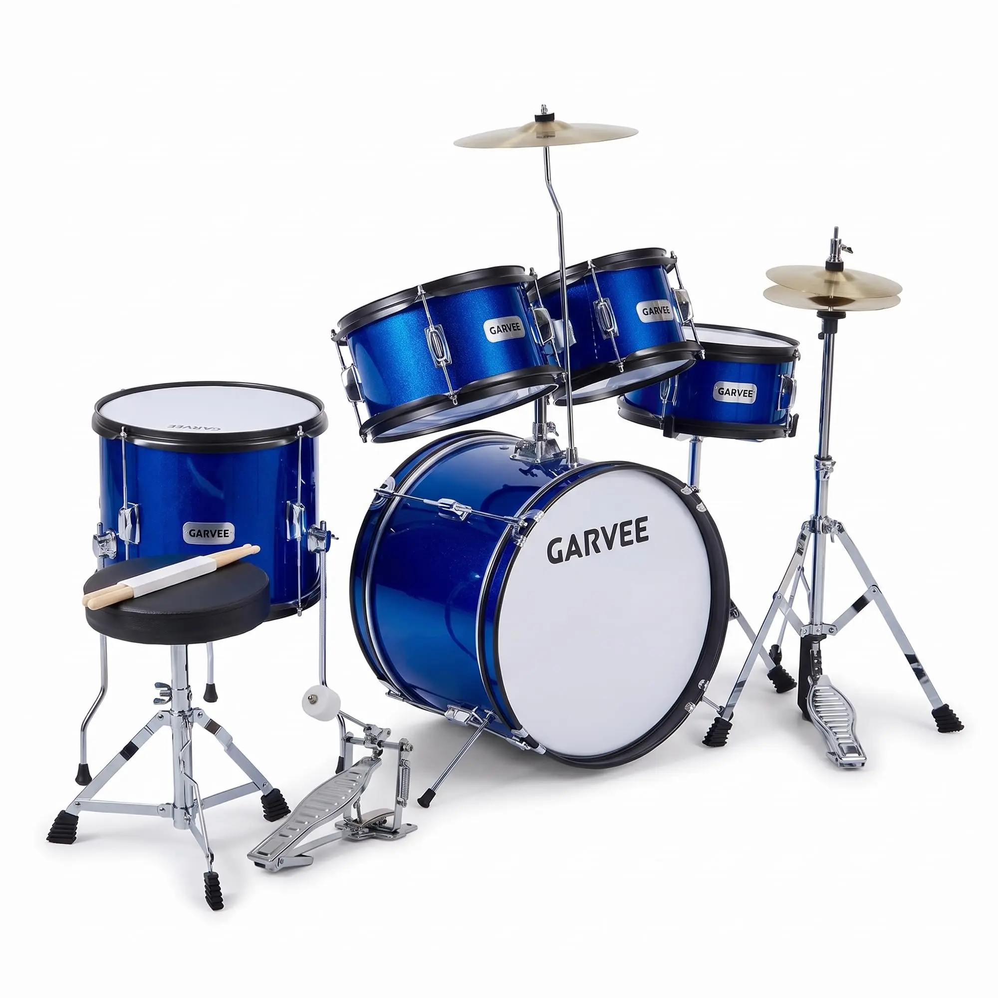 Garvee 5-Piece Drum Set with Durable 9-Ply Poplar Shells and Adjustable Hardware, Available in Blue and Black Finishes for Versatile Style and Performance