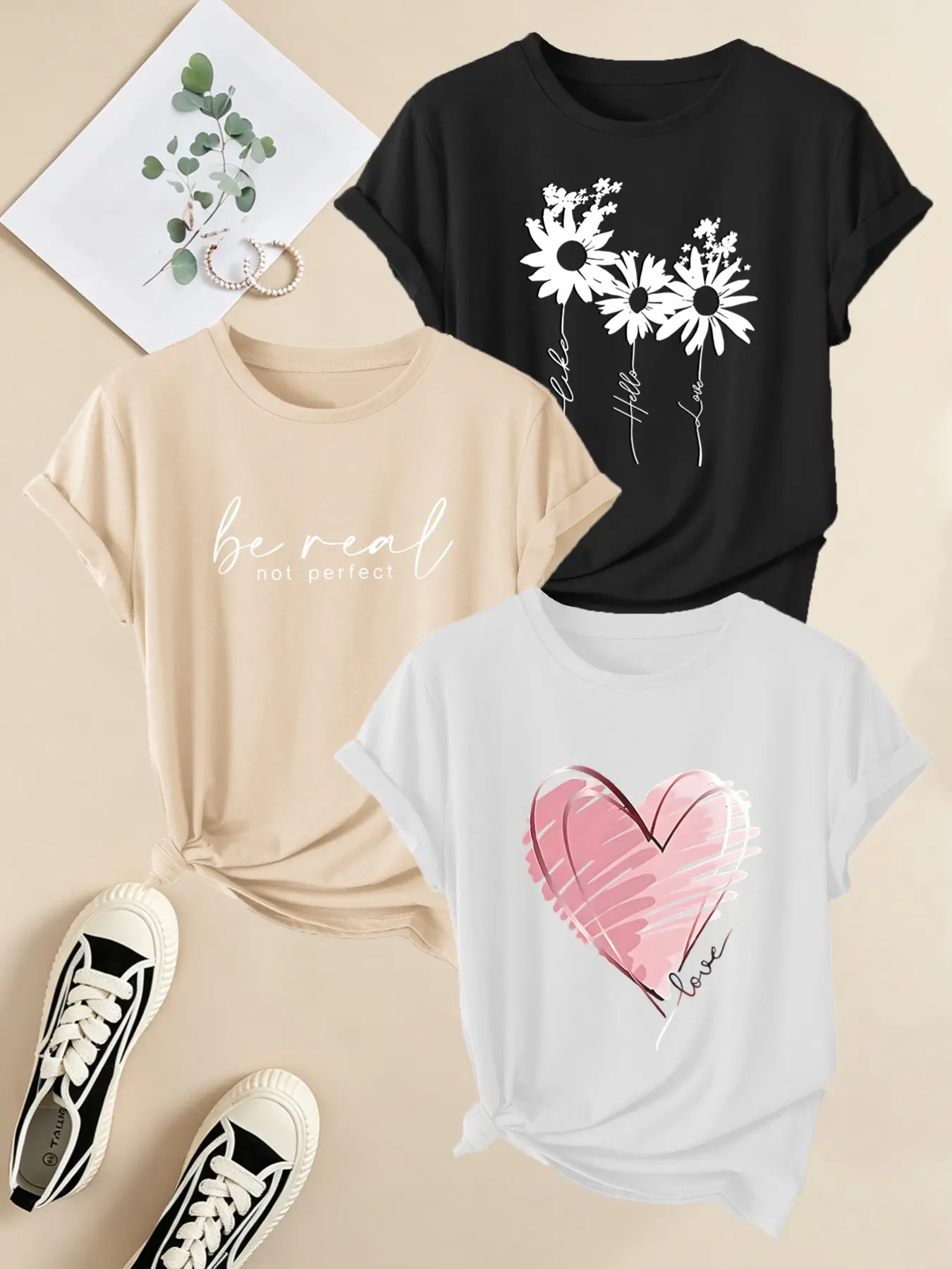 3-Pack Women's Short Sleeve T-Shirts, Casual Round Neck, Soft Stretchy, Spring Summer Daily Wear, Ladies' Fashion