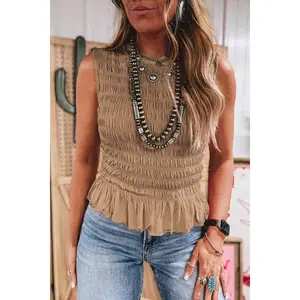 Smoke Gray Shirred Slim Fit Ruffle Hem Tank Top