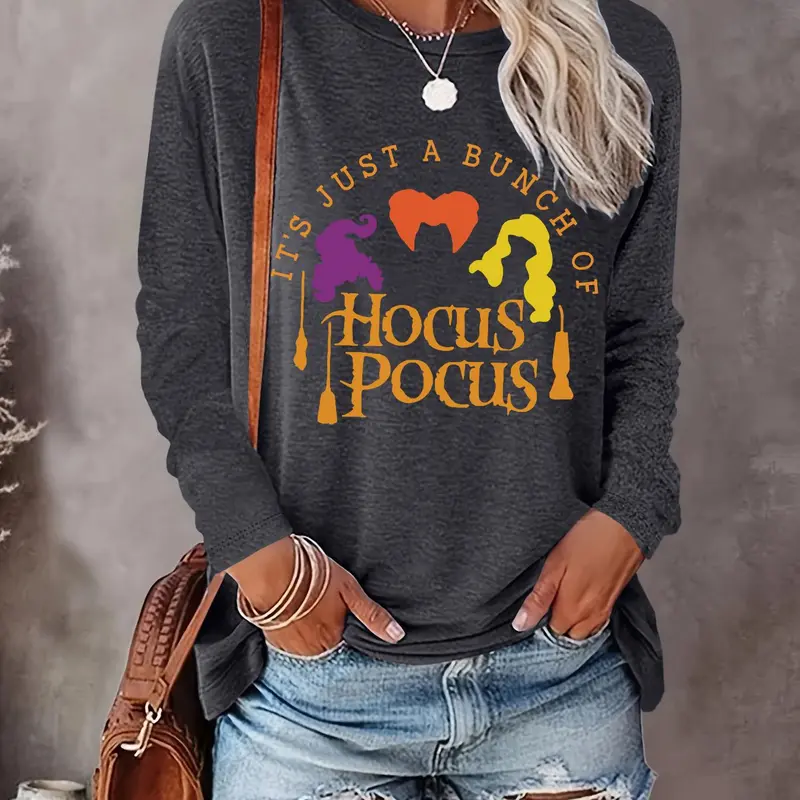 Women's Halloween Letter Print Round Neck Tee, Casual Streetwear Graphic Tees Long Sleeve Crew Neck T-shirt for All Seasons, Fashion Women's Top for Daily Wear