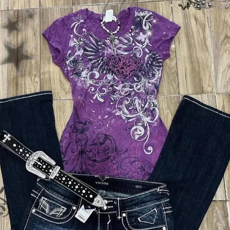 Women's Subculture Vintage Purple Print T-Shirt Summer Y2k American Retro Slim Tees Casual Harajuku Grunge Fashion Tops New